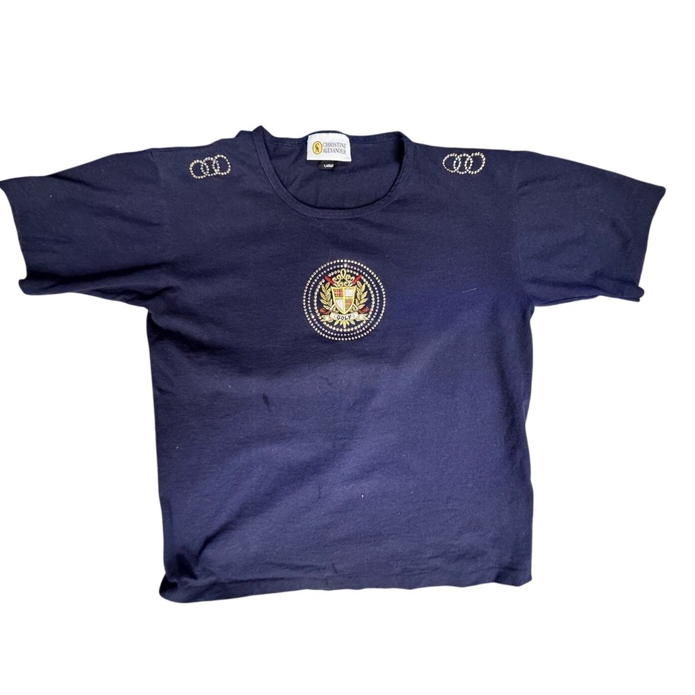 Christine Alexander Golf Crest Rhinestone T-Shirt Navy Blue Womens Large Vintage